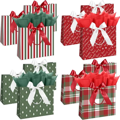 Vista 9 de Silkfly Paquete de 12 bolsas de regalo de papel de Navidad de tartán