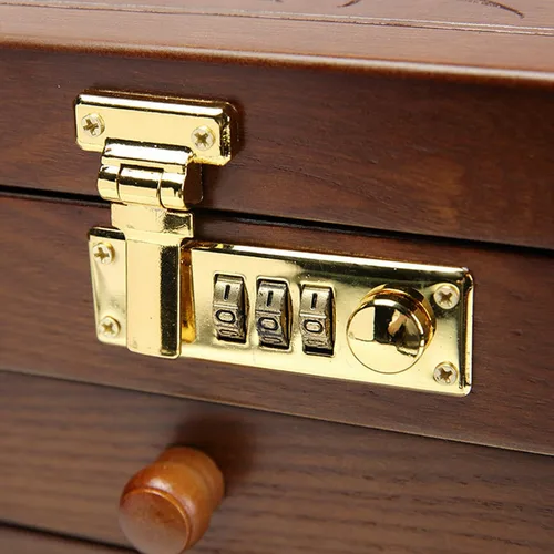 Vista 8 de Caja de almacenamiento multifuncional de madera, caja organizadora de madera maciza con cerradura combinada para joyas, relojes, collares, anillos