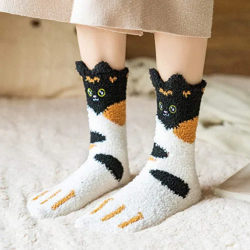 Vista 8 de Calcetines mullidos para mujeres, adolescentes, niñas, largos, lindos dibujos animados, animales, pata de gato, felpa, forro polar, calcetines
