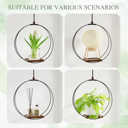 Vista 5 de Juego de 2 macetas colgantes para plantas de interior: colgador de plantas de macramé con base de madera resistente, decoración de pared, techo