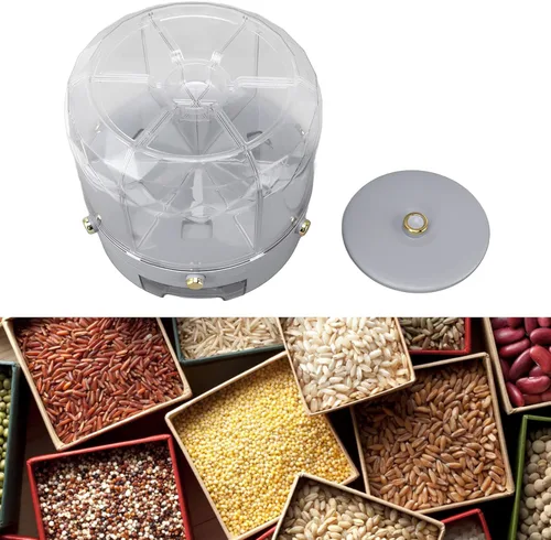Vista 3 de Contenedor de almacenamiento de granos, caja dispensadora de arroz giratoria, dispensador de granos de 6 rejillas, dispensador de alimentos