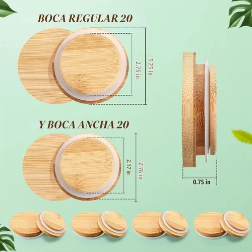 Vista 2 de 40 tapas de bambú para frascos de conservas, 20 tapas para tarros de conservas, boca regular, 20 piezas de boca ancha, reutilizables, de madera