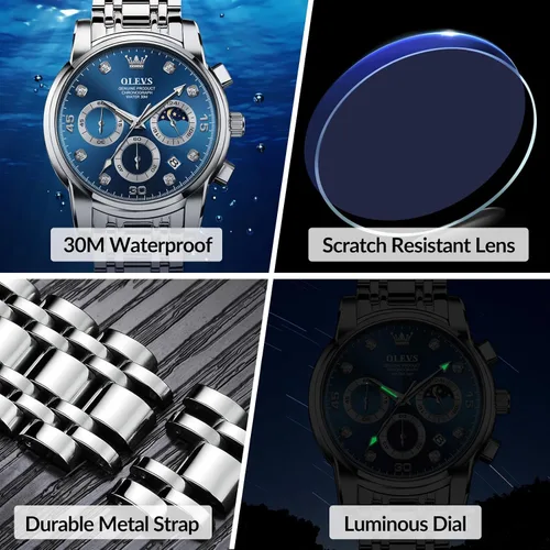 Vista 5 de OLEVS Reloj cronógrafo para hombre, esfera grande, multifuncional, fácil de leer, de acero inoxidable, analógico, de cuarzo, con fecha, de lujo