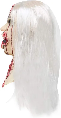 Vista 6 de xiuyou Máscara de zombi sangrienta, máscara de fantasma femenino aterrador con cabello, casco realista de cara completa, disfraz de Halloween