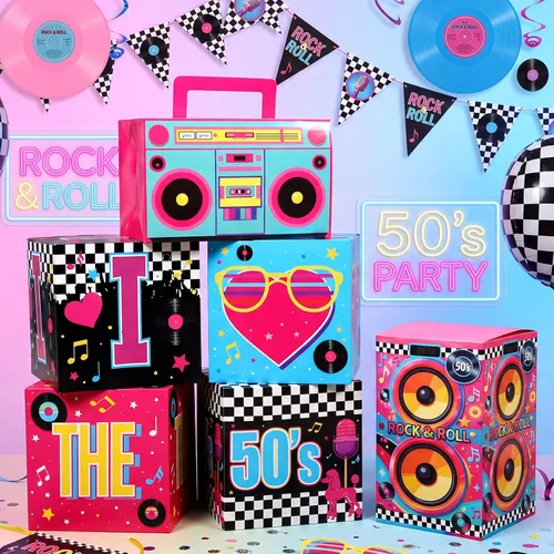 Vista 3 de Amyhill 6 piezas de decoraciones grandes de fiesta de los años 50, juego de recuerdos de hip hop, cajas de fiesta de papel, decoración temática
