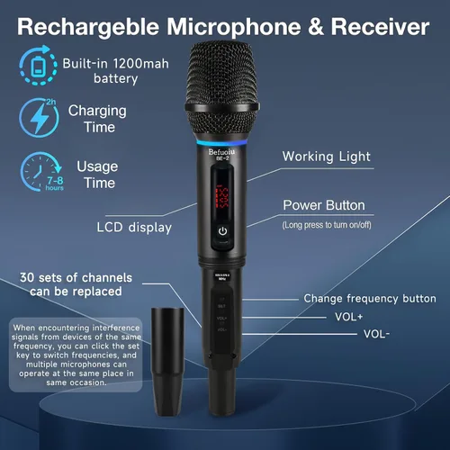 Vista 4 de Micrófono inalámbrico recargable UHF para cantar con bolso, micrófono dinámico de mano de metal con receptor, micrófono de karaoke inalámbrico