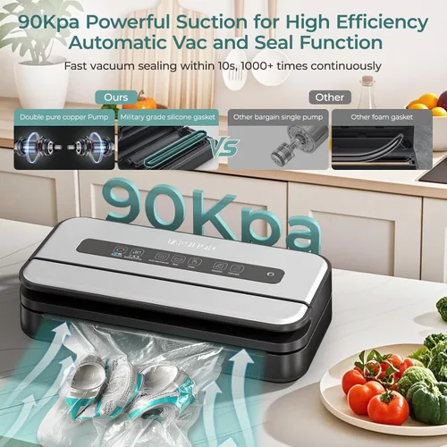 Vista 4 de Sellador al vacío, máquina selladora al vacío de alimentos de 90 Kpa, cortador integrado y almacenamiento de bolsas, conservación de alimentos