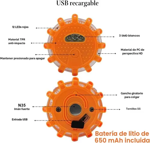 Vista 3 de Ecoangel Bengalas LED de Carretera Recargables por USB Luces de Emergencia - Baliza de Seguridad para Automóvil de Advertencia en Carretera Kit de 3