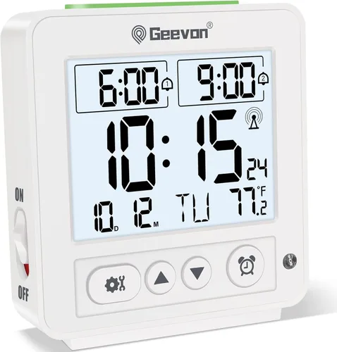 Vista 9 de Geevon Pequeño reloj despertador atómico de viaje con retroiluminación Auto/8s, 2 configuraciones de alarma, temperatura, sonidos de pitido Negro