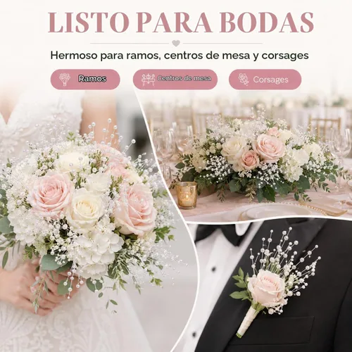 Vista 5 de ULTNICE 100 perlas blancas para manualidades, cuerda de perlas artificiales falsas, palitos decorativos para ramo de flores, centro de mesa de boda