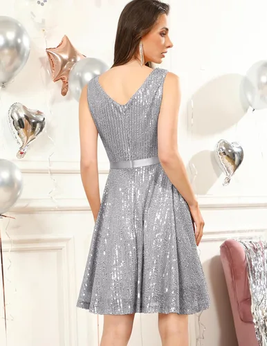 Vista 3 de DRESSTELLS Vestido de lentejuelas para mujer, cuello en V, sin mangas, brillante, vestido de cóctel acampanado, vestido sexy para fiesta y club