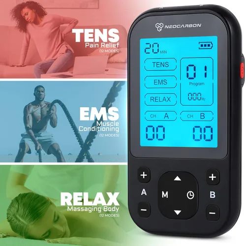 Vista 3 de NEOCARBON TENS Unit - Estimulador muscular Pro para alivio del dolor de espalda, recuperación de hombros y terapia física, máquina masajeadora Negro