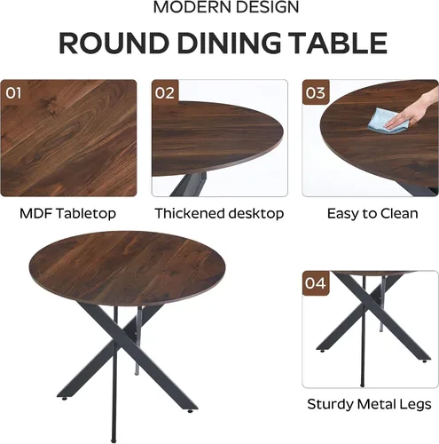 Vista 7 de Juego de mesa de comedor de madera para 2, mesa de cocina redonda de 36 pulgadas con 2 sillas de comedor Boucle, mesa de MDF con patas de metal