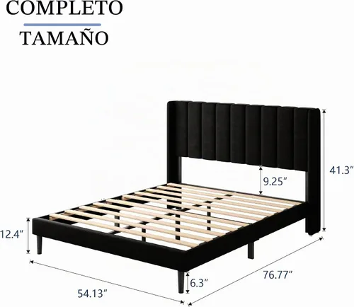 Vista 2 de Gruwans Base de cama de tamaño matrimonial con cabecera tapizada con respaldo de ala, plataforma de fácil montaje, soporte de listones de madera,