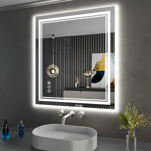 Vista 33 de Espejo de baño LED de 24 x 28 pulgadas, luz frontal y retroiluminada, antiniebla, regulable, espejo de tocador iluminado con memoria, espejo LED
