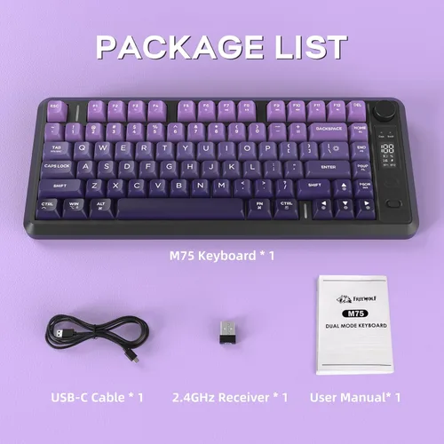 Vista 9 de Teclado inalámbrico para juegos M75, membrana mecánica con perilla y pantalla OLED Bluetooth2.4Ghz Rainbow Backlit Gradient PBT Keycaps 2000mAH