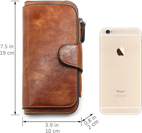 Vista 3 de Cartera de cuero para mujer, monedero de embrague para tarjetas de crédito, soporte para monedas, plegable, Cera de Aceite Marrón, Classic