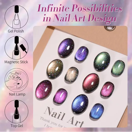 Vista 3 de Born Pretty - Esmalte de uñas de gel magnético 9D con purpurina reflectante, esmalte de gel holográfico de color gato magnético, juego de 7ml, 6