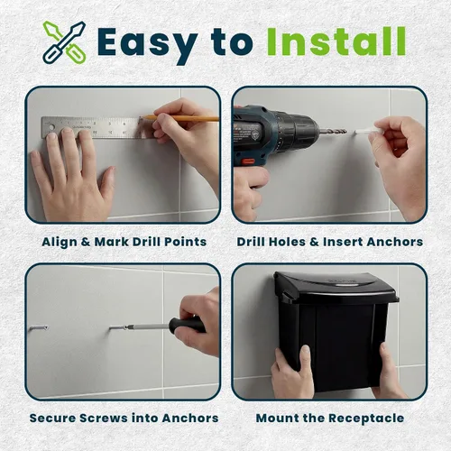 Vista 8 de Alpine - Recipiente para servilleta sanitaria, contenedor de eliminación de higiene femenina, cubo de basura montado en la pared con sello de Negro