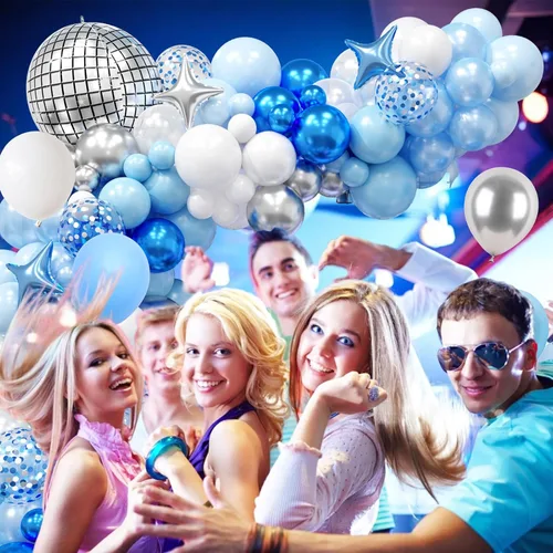 Vista 5 de FunHot Kit de arco de globos azules y plateados, kit de guirnalda de globos de color azul metálico y blanco plateado con globos de aluminio