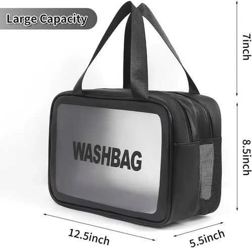 Vista 2 de Bolsa de lavado para mujeres y hombres, bolsa de aseo de viaje de gran capacidad con ventana translúcida mate y bolsillos húmedos/secos, organizador