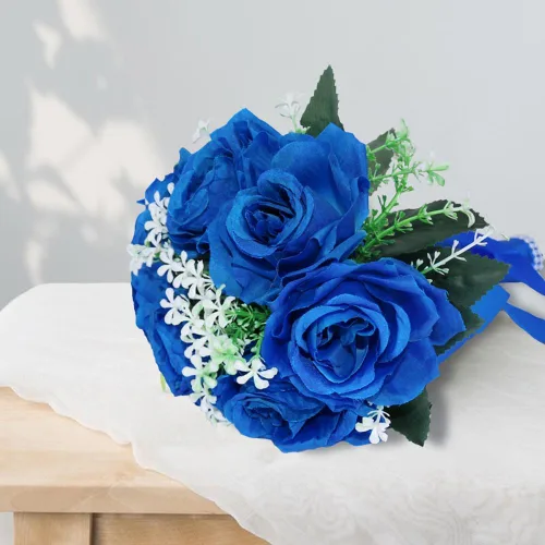Vista 4 de Ramos de boda para novia, pequeña flor nupcial para dama de honor, rosa artificial azul