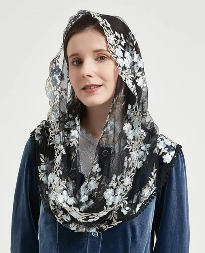 Vista 3 de Encaje Capilla Velo Mantilla Infinity Veil Multicolor Bordado Cherry Blossom Style Latin Mass M7