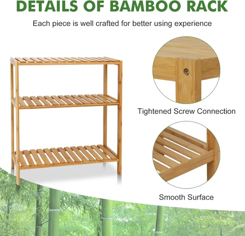 Vista 4 de Kinpaw Estante de bambú para baño, estantería alta ajustable de 3 niveles, soporte multifuncional para sala de estar, soporte de flores