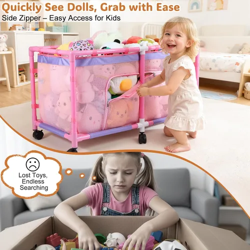 Vista 3 de FIOBEE Caja de juguetes para niñas y niños con malla transparente y ruedas giratorias de 360°, organizador de pecho de juguetes, fácil de instalar