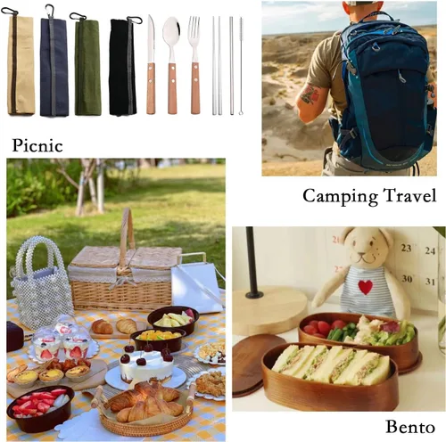 Vista 3 de JASHII Juego de cubiertos reutilizables de viaje, juego de cubiertos de acero inoxidable 304 con mango de madera, palillos y pajitas con diseño
