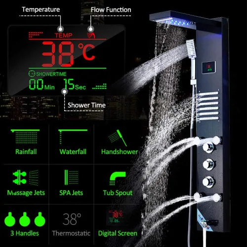 Vista 7 de Hidroelectricidad Led lluvia cascada ducha panel masaje spa jets LCD pantalla digital sistema de ducha columna de ducha-Blackend