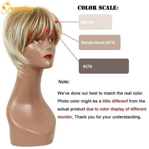 Vista 2 de QUEENTAS Pixie - Pelucas rubias cortas en capas para mujeres blancas y negras, cabello sintético (rubio mezclado con marrón)