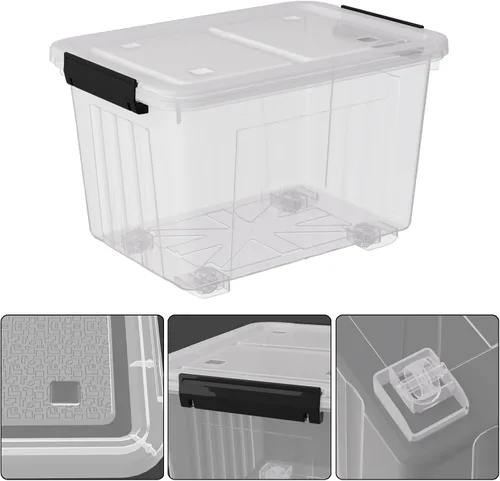 Vista 4 de Paquete de 4 cajas de almacenamiento con pestillo transparente de 30 litros, contenedores grandes de plástico con ruedas