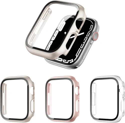 Vista 21 de Paquete de 2 fundas rígidas de policarbonato compatibles con Apple Watch, con protector de pantalla de cristal templado sin burbujas para accesorios