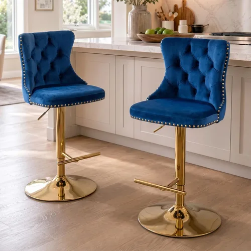 Vista 221 de SoarFlash Juego de 2 taburetes de bar tapizados de terciopelo moderno con patas de madera, botones acolchados, cabeza de clavo cromada, asiento