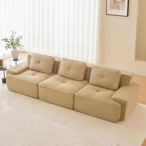 Vista 36 de Sofá moderno comprimido sin armazón de 116", sofás seccionales de 3 plazas para sala de estar, sofá seccional modular de pana verde nube, espuma