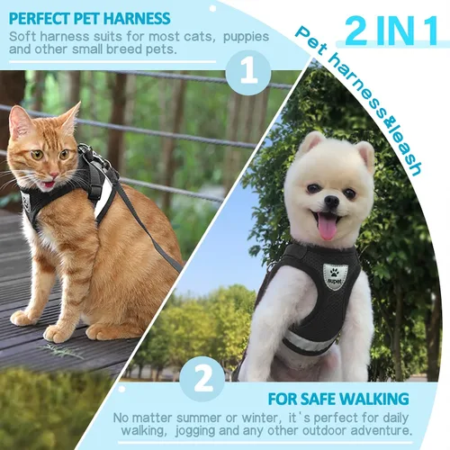 Vista 5 de Supet - Juego de arnés y correa para gatos y cachorros, arnés de malla suave con chaleco ajustable y correa reflectante para pasear gatos y conejos