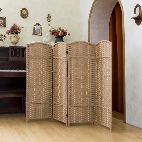 Vista 13 de Divisor de habitación corto compacto de 3 paneles, pantalla plegable de ratán de doble cara de 47.2 pulgadas de alto para el hogar y la oficina