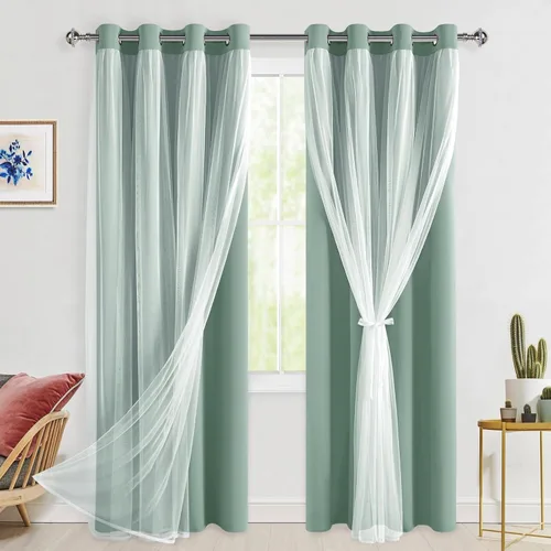 Vista 47 de Hiasan Cortinas opacas con superposición transparente, aislamiento térmico para mezclar y combinar de doble capa, cortinas de oscurecimiento de Beige