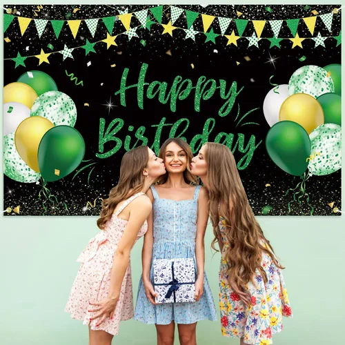 Vista 5 de Cartel de fondo de feliz cumpleaños verde dorado y negro para niños, hombres y mujeres, aniversario, fiesta de cumpleaños, fotos, fondo de cabina
