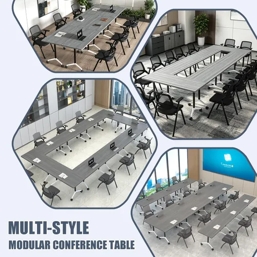 Vista 5 de Mesas de sala de conferencias, paquete de 2 mesas de reuniones modulares con ruedas, mesa de conferencias plegable moderna de 47.2 pulgadas, mesa