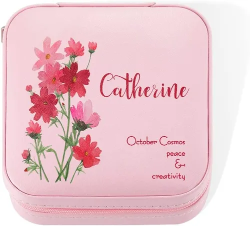 Vista 2 de Joyero de viaje de cuero personalizado para mujer, con nombre grabado y flor de nacimiento, funda personalizada, estuche organizador de joyas, caja