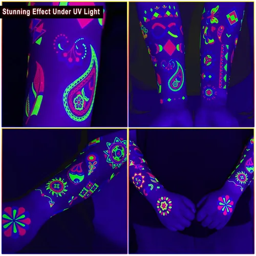 Vista 4 de Ozepao 20 hojas de tatuajes temporales que brillan en la luz negra, suministros de fiesta que brillan para adultos y niños, más de 160 diseños