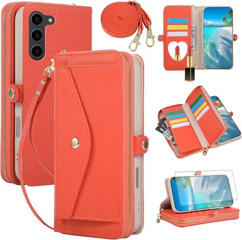 Vista 20 de Asuwish Funda de teléfono para Samsung Galaxy S23 5G con cremallera, funda para celular con protector de pantalla, correa para el hombro, espejo