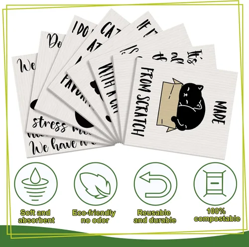 Vista 3 de Funtery 8 piezas de paños de cocina suecos de gato negro, paños de esponja absorbentes suecos reutilizables, lavables, paños de cocina para lavar