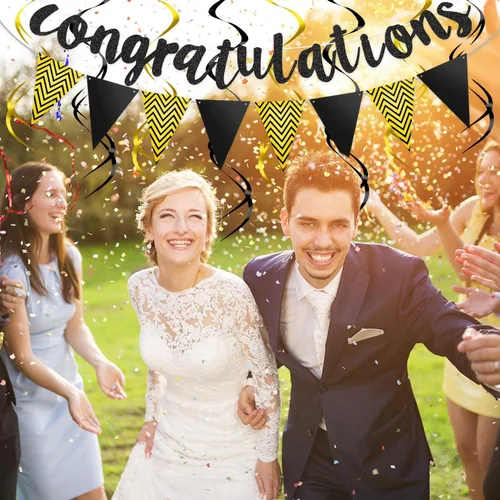 Vista 5 de Outus Pancarta de felicitaciones con purpurina preencordada con 12 espirales colgantes para bodas, jubilaciones, graduaciones, aniversarios, Dorado