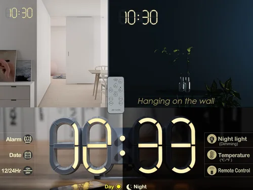 Vista 3 de KOSUMOSU Reloj digital 3D LED de pared, reloj de escritorio de 9.7 pulgadas, reloj LED para sala de estar, dormitorio, control remoto, temperatura