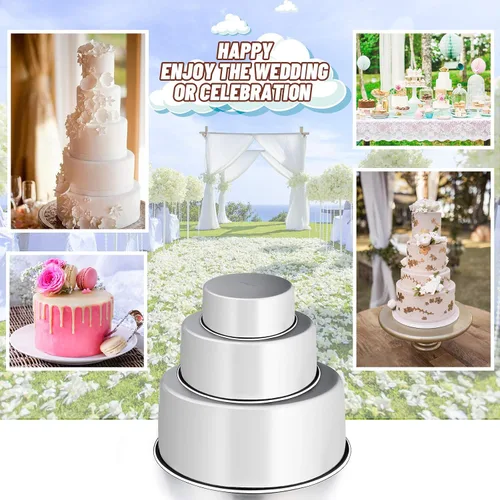 Vista 7 de E-far Juego de 3 moldes para pasteles (4, 6 y 8), moldes redondos de acero inoxidable profundo para bodas, cumpleaños, no tóxicos y aptos