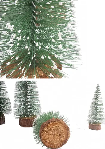 Vista 6 de 12 piezas de mini árboles artificiales de nieve de sisal de Navidad de pino en miniatura con base de madera, botella, cepillo, árboles de Navidad