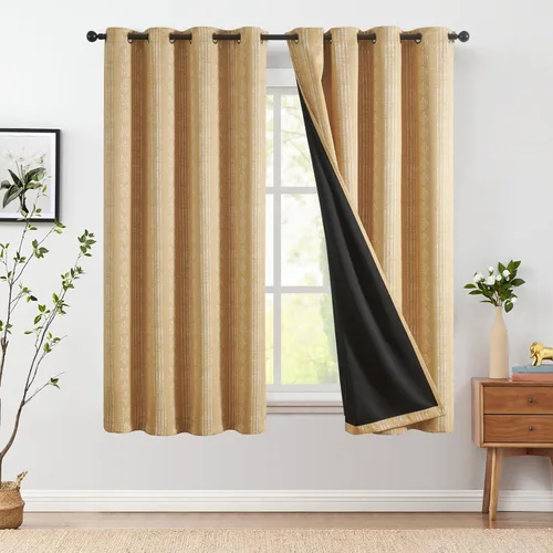 Vista 14 de jinchan - Cortinas bohemias 100% blackout de 54 pulgadas de largo para dormitorio, estampado geométrico negro sobre beige, con ojales